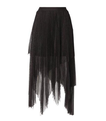 ALLSAINTS Asymmetric Layered Tulle Veena Skirt Metallic Black | semi sheer net overlay skirts - flipped
