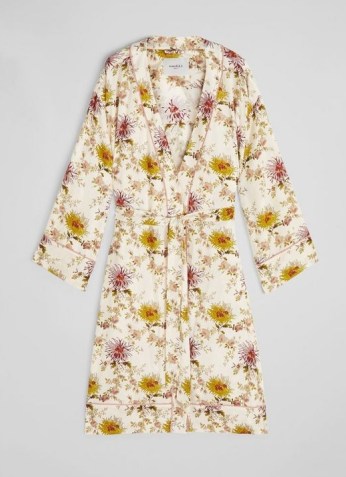 L.K. BENNETT AMELIA FLORAL PRINT CREAM COTTON ROBE ~ womens feminine flower print tie waist robes - flipped