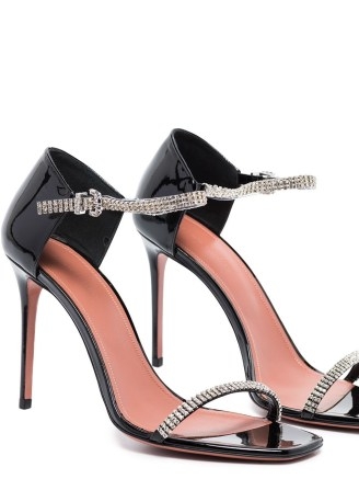 Amina Muaddi Ursina 100mm crystal-embellished sandals / black patent barely there high stiletto heels / glamorous ankle strap party shoes - flipped