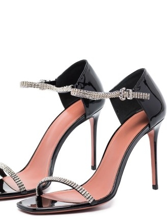 Amina Muaddi Ursina 100mm crystal-embellished sandals / black patent barely there high stiletto heels / glamorous ankle strap party shoes