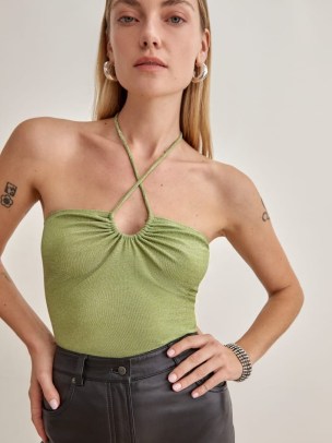 REFORMATION Anders Top in Green ~ strappy sparkle knit halter tops ~ glamorous halterneck fashion - flipped