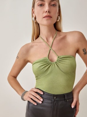 REFORMATION Anders Top in Green ~ strappy sparkle knit halter tops ~ glamorous halterneck fashion