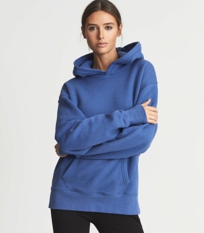 REISS ANDIE COTTON JERSEY HOODIE BLUE / womens kangaroo pocket pullover hoodies / women’s casual sportswear inspired tops - flipped