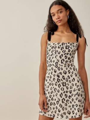 REFORMATION Annabell Dress in Snow Leopard / animal print tie shoulder strap mini dresses - flipped