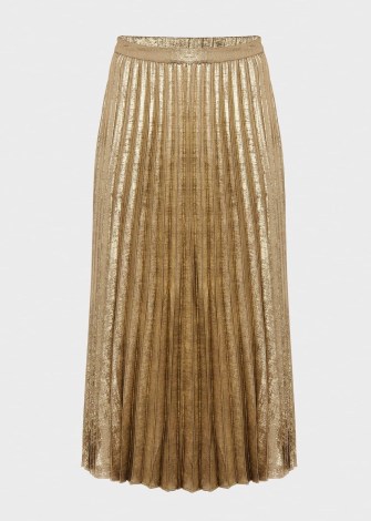 HOBBS ANNABELLA MIDI PLEATED SKIRT GOLD – women’s metallic skirts – evening glamour – glamorous party fashion
