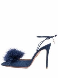 Aquazzura blue pom pom detail pumps | glamorous ankle tie party heels