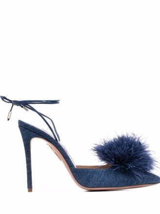 Aquazzura blue pom pom detail pumps | glamorous ankle tie party heels - flipped
