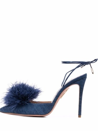 Aquazzura blue pom pom detail pumps | glamorous ankle tie party heels