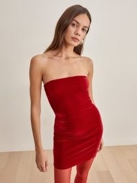 Reformation Astro Velvet Dress in Cherry – red strapless mini dresses – party glamour – luxe going out evening fashion