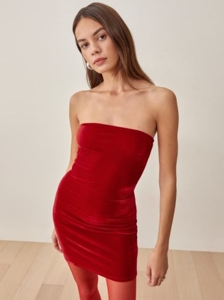 Reformation Astro Velvet Dress in Cherry – red strapless mini dresses – party glamour – luxe going out evening fashion - flipped