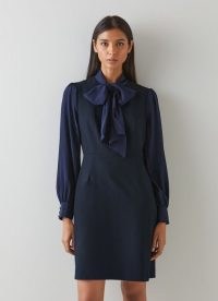 L.K. BENNETT AVANI NAVY SILK AND CREPE SHIFT DRESS ~ chic dark blue pussy bow dresses
