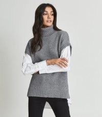 Reiss AVERY PANELLED ROLL NECK JUMPER CHARCOAL | womens high neck shirt and sweater combo | women’s mock shirts under jumpers