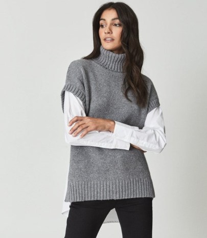 Reiss AVERY PANELLED ROLL NECK JUMPER CHARCOAL | womens high neck shirt and sweater combo | women’s mock shirts under jumpers - flipped