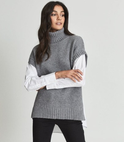 Reiss AVERY PANELLED ROLL NECK JUMPER CHARCOAL | womens high neck shirt and sweater combo | women’s mock shirts under jumpers