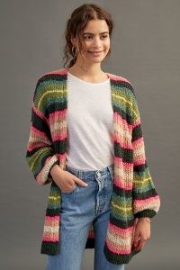 Anthropologie Boucle Striped Teddy Cardigan – slouchy textured open front cardigans – womens multicoloured knitwear