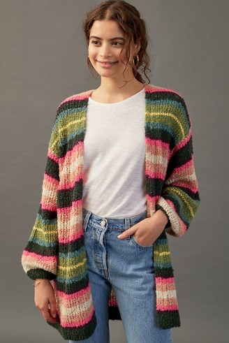 Anthropologie Boucle Striped Teddy Cardigan – slouchy textured open front cardigans – womens multicoloured knitwear - flipped