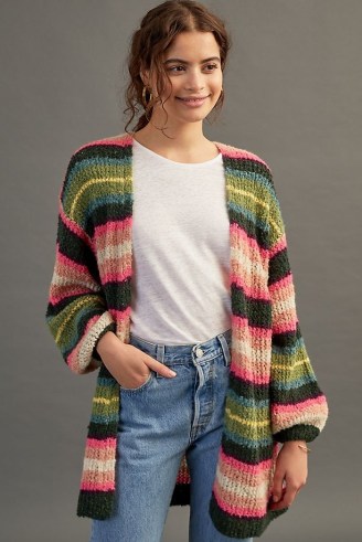 Anthropologie Boucle Striped Teddy Cardigan – slouchy textured open front cardigans – womens multicoloured knitwear