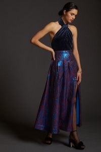 Maeve Pleated Shimmer Maxi Skirt Blue Motif / shimmering metallic look party skirts / evening occasion fashion
