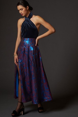 Maeve Pleated Shimmer Maxi Skirt Blue Motif / shimmering metallic look party skirts / evening occasion fashion - flipped