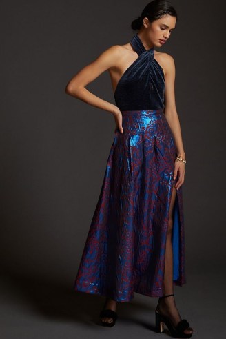Maeve Pleated Shimmer Maxi Skirt Blue Motif / shimmering metallic look party skirts / evening occasion fashion