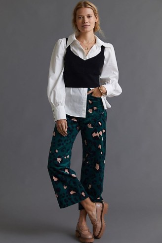 Maeve Colette Cropped Wide-Leg Corduroy Trousers Green Motif / womens animal print cord trousers