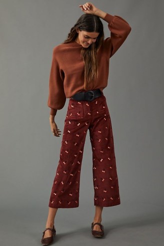 Maeve Colette Cropped Wide-Leg Cherry Print Corduroy Trousers in Wine / fruit prints on fashion - flipped