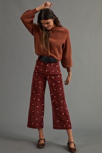 Maeve Colette Cropped Wide-Leg Cherry Print Corduroy Trousers in Wine / fruit prints on fashion