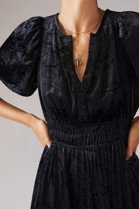 Anthropologie Somerset Velvet Maxi Dress Black – smocked waist tiered hem dresses