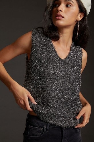 Anthropologie Tinsel Shimmer Sweater Vest in Silver | womens sparkly knitted vests | women’s metallic tank tops - flipped