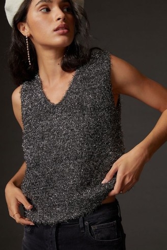Anthropologie Tinsel Shimmer Sweater Vest in Silver | womens sparkly knitted vests | women’s metallic tank tops
