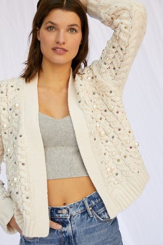 Anthropologie Embellished Cardigan in Ivory | chunky knit pearl covered open front cardigans | womens knitwear - flipped