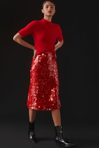 Maeve Sequined Midi Skirt in Bright Red | women’s sequinned skirts | shimmering party fashion - flipped