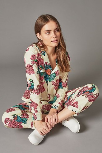 Desmond and Dempsey Passerine-Print Long Pyjama Set – womens organic cotton floral and bird print pyjamas – women’s PJs – sleepwear sets – printed nightwear - flipped