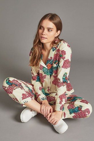 Desmond and Dempsey Passerine-Print Long Pyjama Set – womens organic cotton floral and bird print pyjamas – women’s PJs – sleepwear sets – printed nightwear