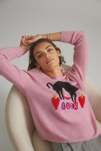 Nathalie Lete Love Cashmere Jumper in Pink ~ womens luxe jumpers ~ black cat pattern knitwear