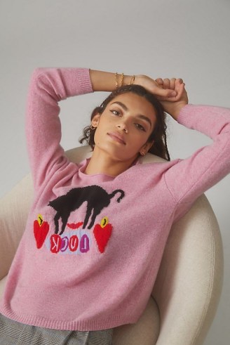 Nathalie Lete Love Cashmere Jumper in Pink ~ womens luxe jumpers ~ black cat pattern knitwear - flipped