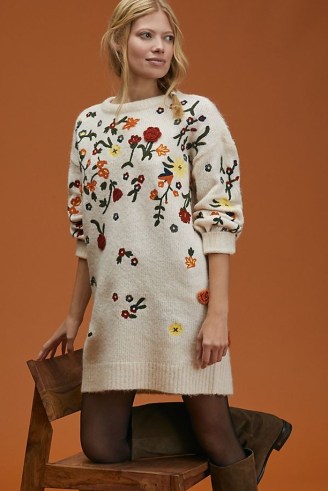 Anthropologie Floral Appliqued Knitted Tunic Dress | black tie detail sweater / jumper dresses | feminine knitwear fashion - flipped