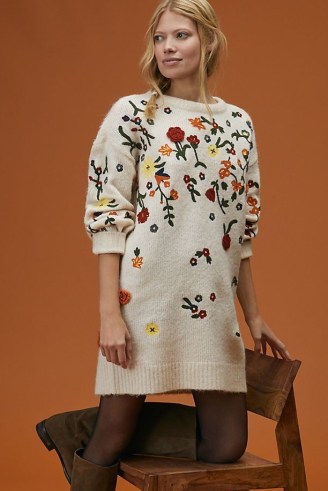 Anthropologie Floral Appliqued Knitted Tunic Dress | black tie detail sweater / jumper dresses | feminine knitwear fashion