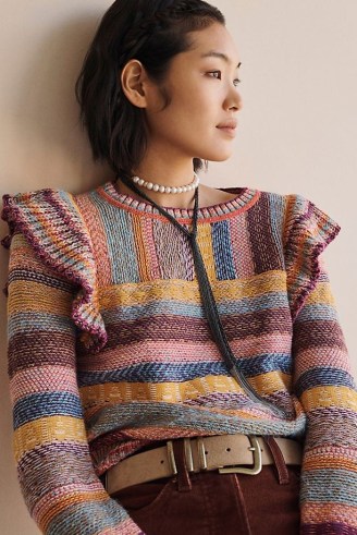 Pilcro Ruffled Jumper | multicoloured ruffle shoulder jumpers | womens striped frill detail sweaters - flipped