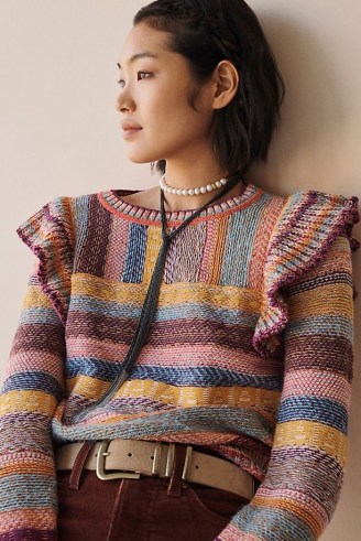 Pilcro Ruffled Jumper | multicoloured ruffle shoulder jumpers | womens striped frill detail sweaters