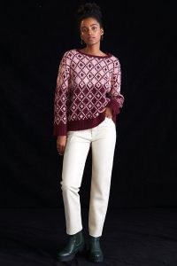 Maeve Sigfried Jumper in Wine | chunky winter knits | diamond pattern jumpers | womens drop shoulder sweaters