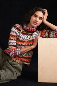 Maeve Carol Striped Turtleneck Jumper in Pink Combo | high neck patterned jumpers | womens colourful diamond pattern sweaters
