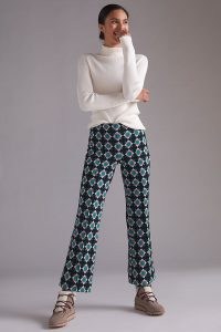 Maeve Kick-Flare Trousers Black Motif | womens retro print pants | women’s 70s vintage style fashion