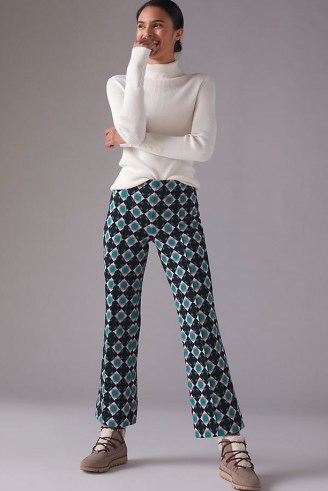 Maeve Kick-Flare Trousers Black Motif | womens retro print pants | women’s 70s vintage style fashion - flipped