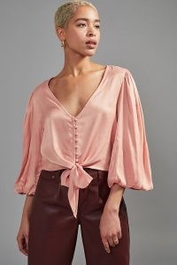 ANTHROPOLOGIE Satin Bow-Front Button-Up Blouse ~ front tie balloon sleeve blouses