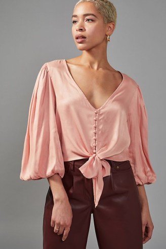 ANTHROPOLOGIE Satin Bow-Front Button-Up Blouse ~ front tie balloon sleeve blouses - flipped