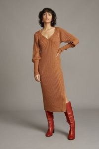 Dolan Left Coast Lurex RIbbed Midi Dress ~ brown knitted metallic thread dresses