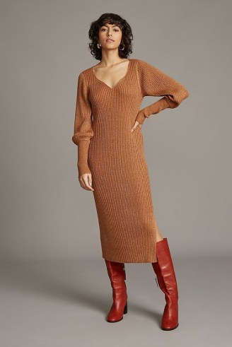 Dolan Left Coast Lurex RIbbed Midi Dress ~ brown knitted metallic thread dresses