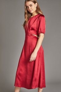 ANTHROPOLOGIE Cut-Out Satin Midi Dress Red ~ cutout detail evening dresses