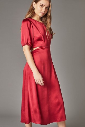 ANTHROPOLOGIE Cut-Out Satin Midi Dress Red ~ cutout detail evening dresses - flipped